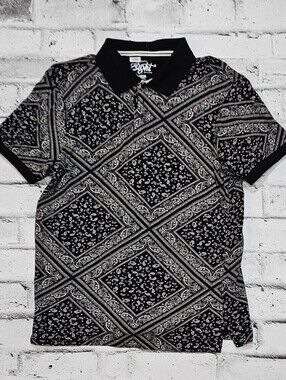 Eighty Eight Brand Paisley Print Polo Shirt Black White Cotton Size Large